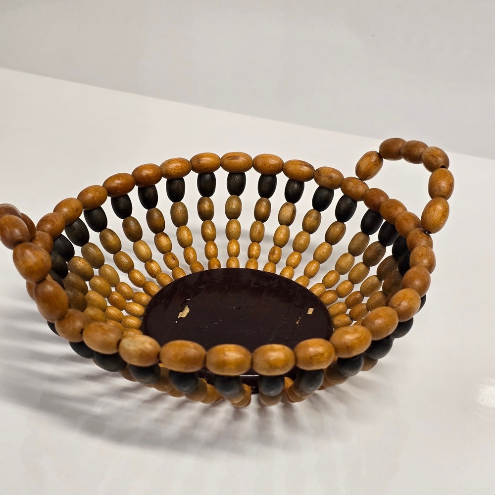 Beaded Wood Basket Small Brown Black Handled Boho‎ Rustic Decor